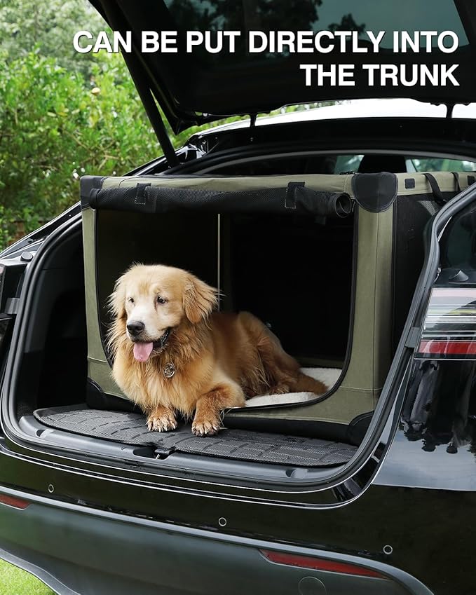 42 Inch Collapsible Travel Dog Crate for Medium Large Dogs, Portable Dog Crate 4-Door Foldable Soft Kennel with Durable Mesh Windows for Indoor & Outdoor Travel, with Storage Bag,Green