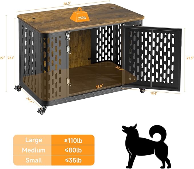ONBRILL Dog Crate with Cushion, 38" Wood Heavy Duty Dog Crate Furniture with Flip Top & Wheels for High Anxiety Dog, Escape Proof Pet Cage for Small/Medium Dogs