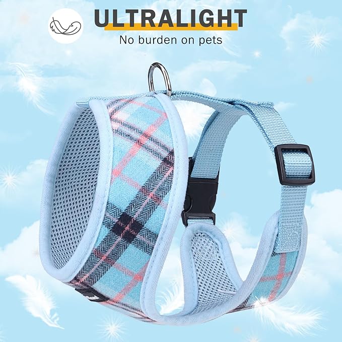 SCENEREAL Puppy Dog Harness with Leash Set for Small Medium Sized Dogs, Soft Mesh Step in Pet Harnesses and Leash, No Chock Plaid Adjustable No Pull Vest for Dogs Cats, Chihuahua,Bulldog (Blue S)