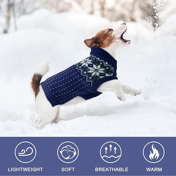 Kuoser Dog Christmas Sweater, Soft Warm Xmas Sweaters for Small Medium Large Dogs Boy Girl, Comfortable Dog Sweater with Leash Hole Snowflake Puppy Knit Outfit for Holiday Winter Fall, Blue 2XL