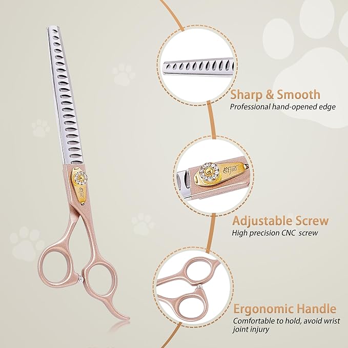 Professional Dog Grooming Scissors Rose Gold 440C Stainless Steel Straight Thinning Curved Chunker Shears for Pet Grooming Services Dogs and Cats (Chunker, 7‘’)