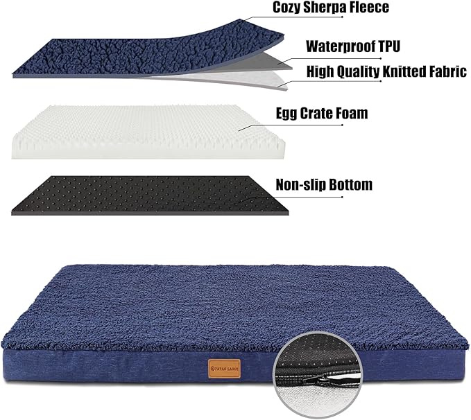 Patas Lague Orthopedic XL Dog Bed Large Sized Dog 42''X28'', Soft Waterproof Egg Crate Foam Large Pet Crate Beds Mat with Removable Washable Cover and Non-Slip Bottom, Navy Blue