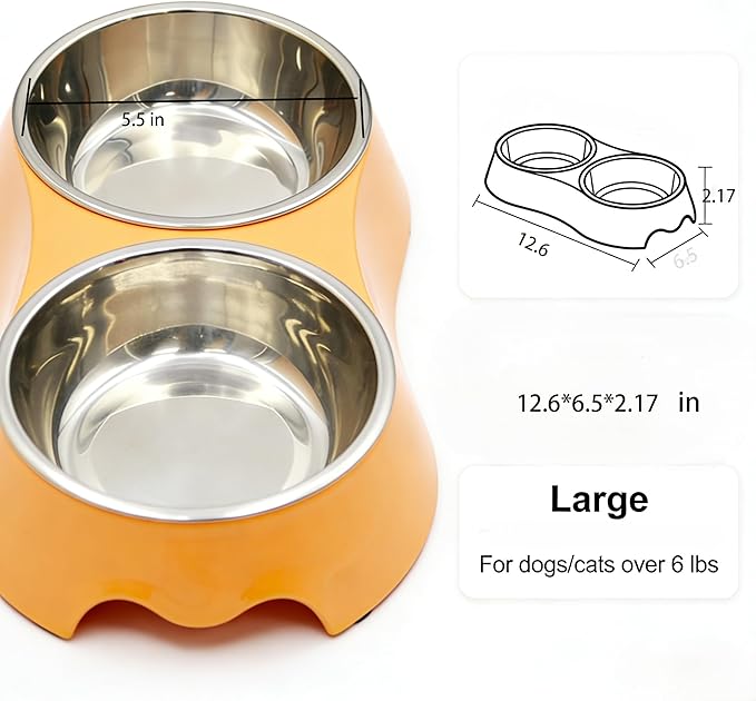 Large Orange Double Pet Bowl – Non-Slip Stainless Steel Food & Water Set for Medium/Large Dogs & Multiple Cats, BPA-Free Mess-Free Feeding Dishes