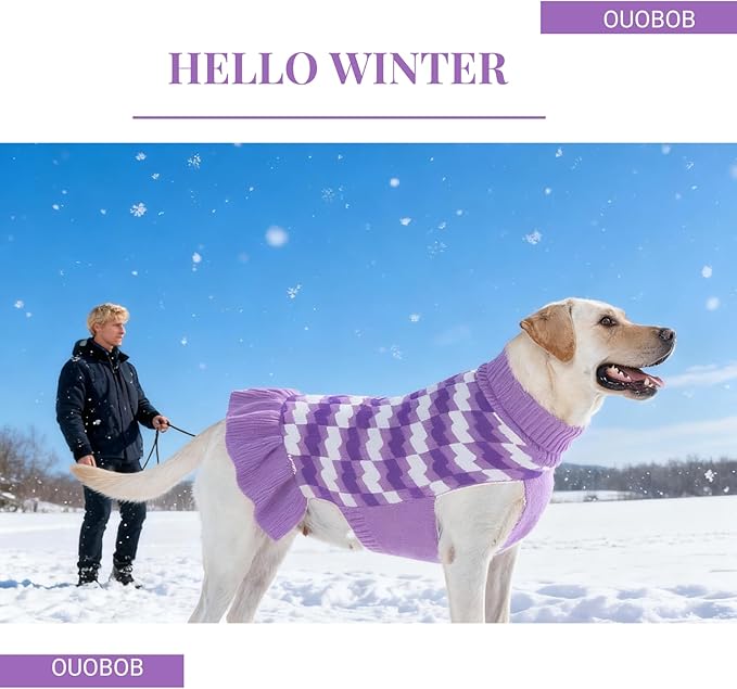 Dog Sweaters for Large Dogs Girl, Dog Sweater Dress with Leash Hole, Thick Turtleneck Knitwear for Female Dogs, Warm Fall Winter Dress for Cold Weather, Thanksgiving, Christmas - Purple XXL