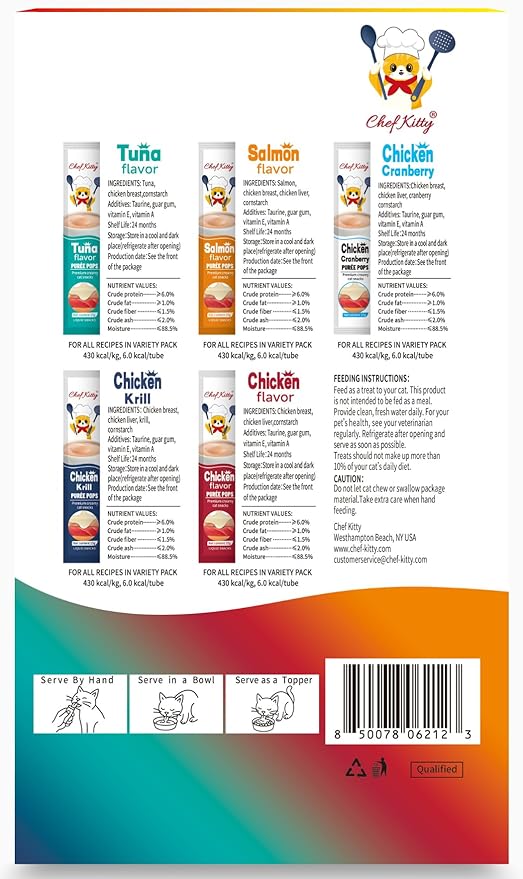 Chef Kitty Purée Pops, Cat Treats, Grain-Free, Lickable, Squeezable Creamy Cat Treat/Topper with Vitamin E & Taurine, 0.5 Ounces Each Tube, 10 Tubes, Chicken and Seafood Mix Variety