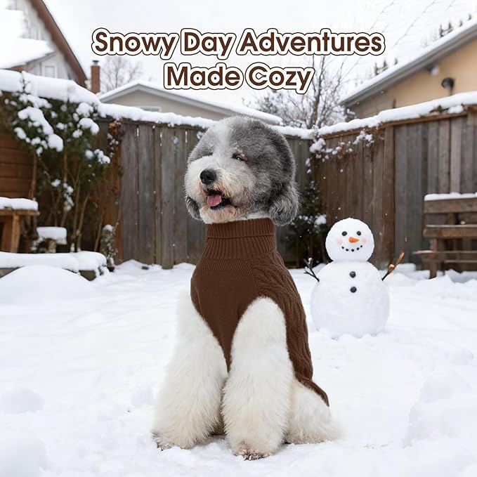FUAMEY Dog Sweaters for Large Dogs,Cold Weather Dog Knitwear,Thick Warm Dogs Turtleneck,Pet Pullover Cable Sweater,Pets Winter Clothes for French Bulldog,Boston Terrier, Corgi Brown L