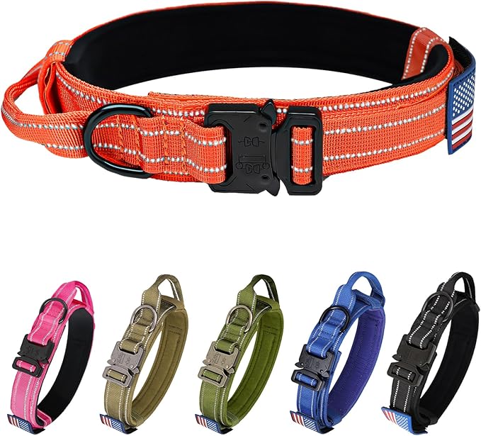 KCUCOP Tactical Dog Collar for Medium & Large Dogs - Military Nylon Heavy Duty Collar with Handle, Reflective Strip & Metal Buckle for Training, Outdoor (Orange Reflective, Large)