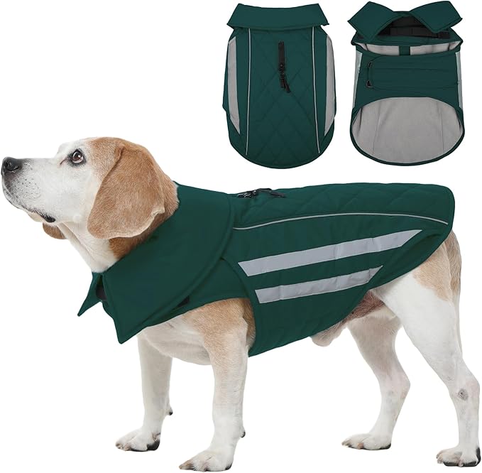 IECOii Dog Winter Coat - Waterproof & Windproof Hunting Vests Reflective Dogs Coats Winter, Adjustable & Fleece Lined Snow Jackets for Large Breeds, Pitbull Outdoor Vest Jacket, Green, Sizes XL