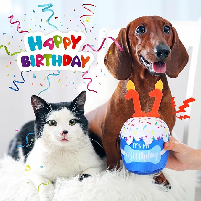 Dog Birthday Cake Toy Accessories for Girl Boy Gifts, Squeaky Plush Toy for Dog Birthday Party Decor Favor for Large, Medium and Small Dogs(11th,Blue)
