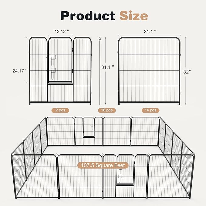 SMUG Heavy-Duty Iron Dog Playpen – 16 Panel 32” Durable, Rust-Resistant Pet Fence for Indoor & Outdoor Use, Secure & Spacious Pet Play Area for Dogs, Puppies & Small Animals