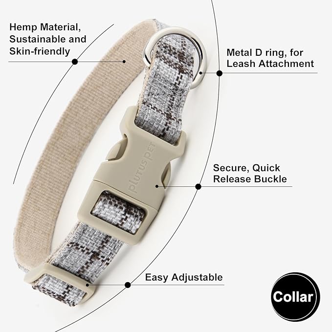 Plutus Pet Cotton Hemp Dog Collar and Leash Set, Adjustable Collar for Small, Medium, and Large Dogs, Heavy Duty and Soft on Skin, Gray Plaid, L