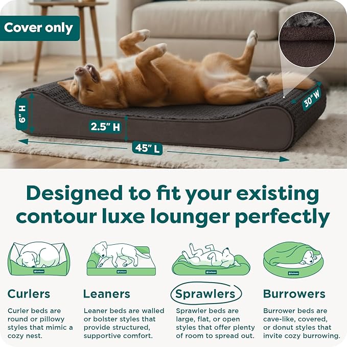 FurHaven Replacement Dog Bed Cover, Contour Luxe Lounger Design, Soft & Breathable Fabric for Cozy Comfort, Machine Washable, Jumbo/XL, Ultra Plush Faux Fur & Suede, Chocolate