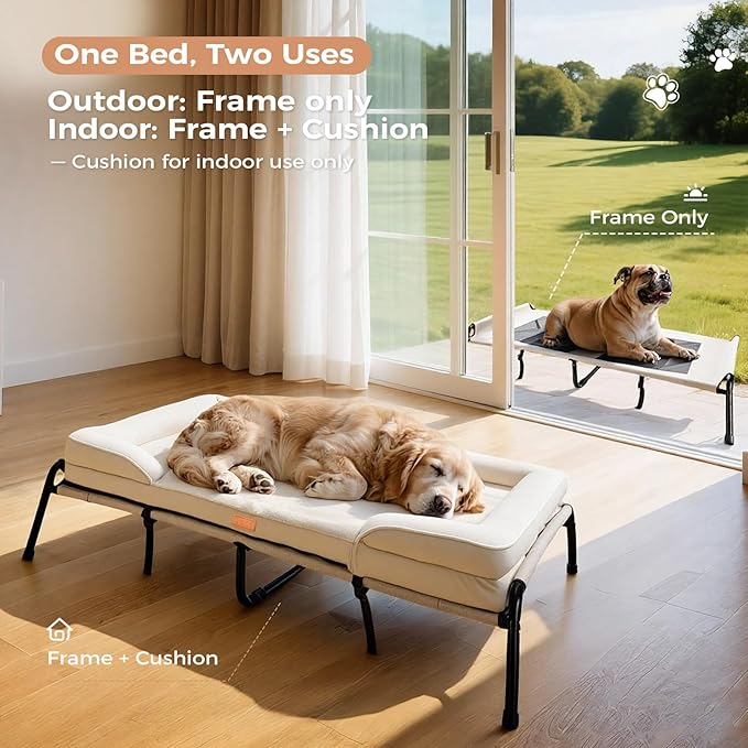 Lekereise Raised Dog Bed for Large Dog 46x33 Inch, Orthopedic Pet Beds with Waterproof Egg Crate Foam, Removable Dogs Couch Bed for Indoor Outdoor, 2-in-1 Design, Load 110lb, Beige