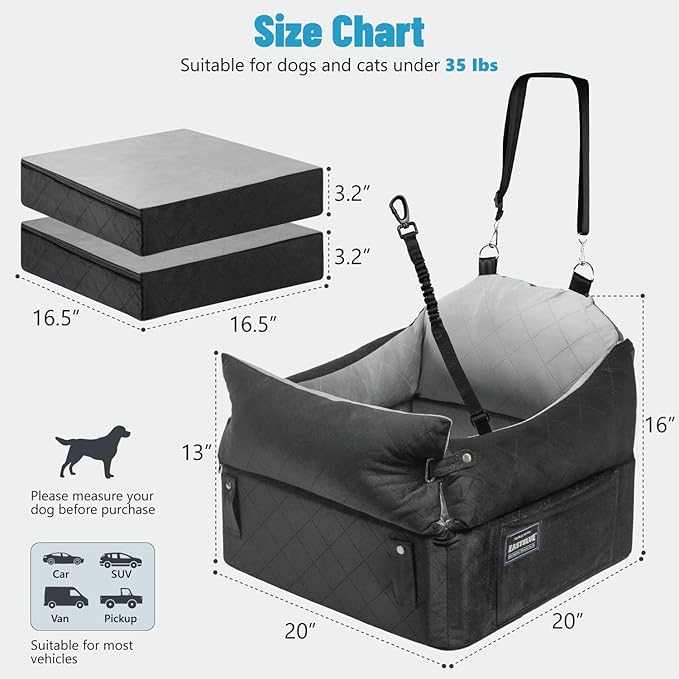 EASTBLUE Dog Car Seat for Small Medium Dogs Up to 35 lbs, 2 Memory Foam Pads Dog Booster Car Seat with Seat Belt, Washable Pet Carseat for Puppy & Cat, Dogs Travel Bed for Cars (Black/Grey-Velvet)