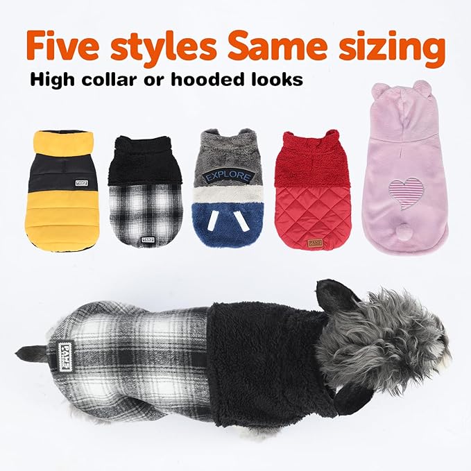 FOFOS Dog Winter Coat, Plush Dog Jacket with Leash Hole, Adjustable Warm Pet Snow Vest for Small Medium Dogs, Black, XS