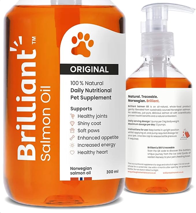 Brilliant Salmon Oil for Dogs, Cats & Puppies | Omega 3 Fish Oil Liquid Supplement with DHA, EPA Fatty Acids | Supports Skin and Coat, Immune System & Joint Function | Hofseth BioCare (10oz)