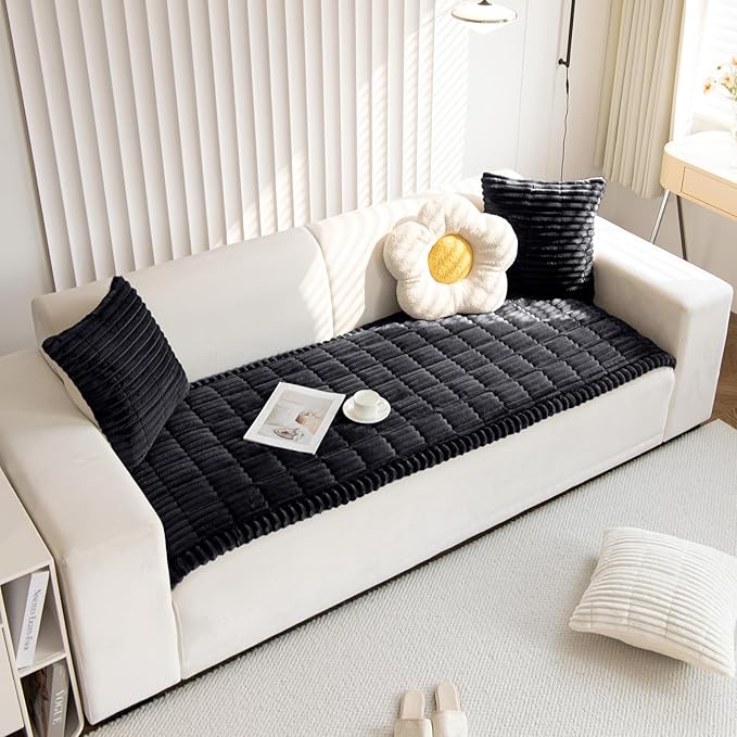 Faux Fur Plush Dog Couch Cover 3D Stripe Fuzzy Sofa Cover Non-Slip Fluffy Dog Bed Cover Pet Blanket Sofa Couch Furniture Protector for Puppy Large Dog Cat (Black,28"x59")