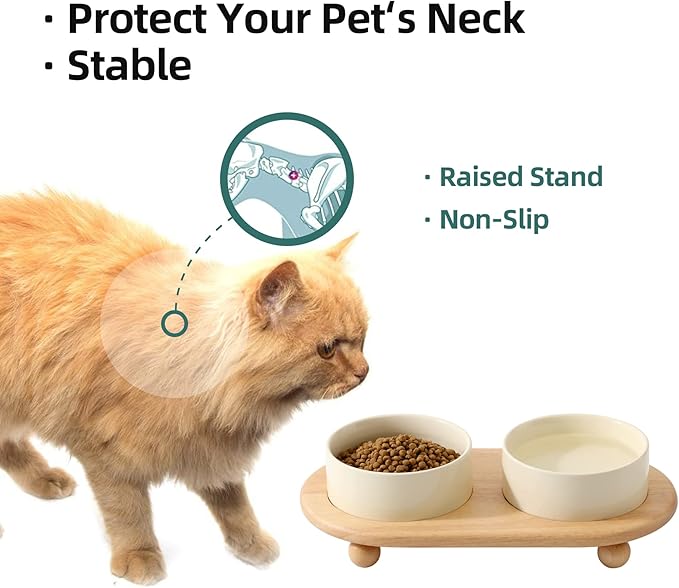 Havniva Ceramic Elevated Cat Food and Water Bowl, Kitty Bowl, Raised Cat Dish, Pet Feeder (5.1 in, 2 x Beige + Stand)