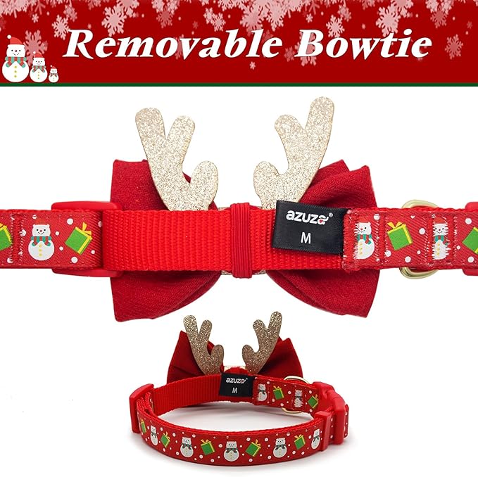 azuza Christmas Dog Collar, Adjustable Holiday Pet Collar with Antler Bowtie and Snowman Accessories for Small Dogs