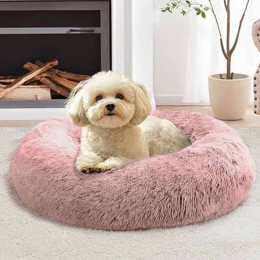 JOLLYVOGUE Small Dog & Cat Beds for Indoor Cats, Donut Cuddler Warming Soft Dog Beds with Anti-Slip Bottom, Round Calming Fluffy Plush Faux Fur Cushion Bed for Medium Dogs (27", Dark Pink)