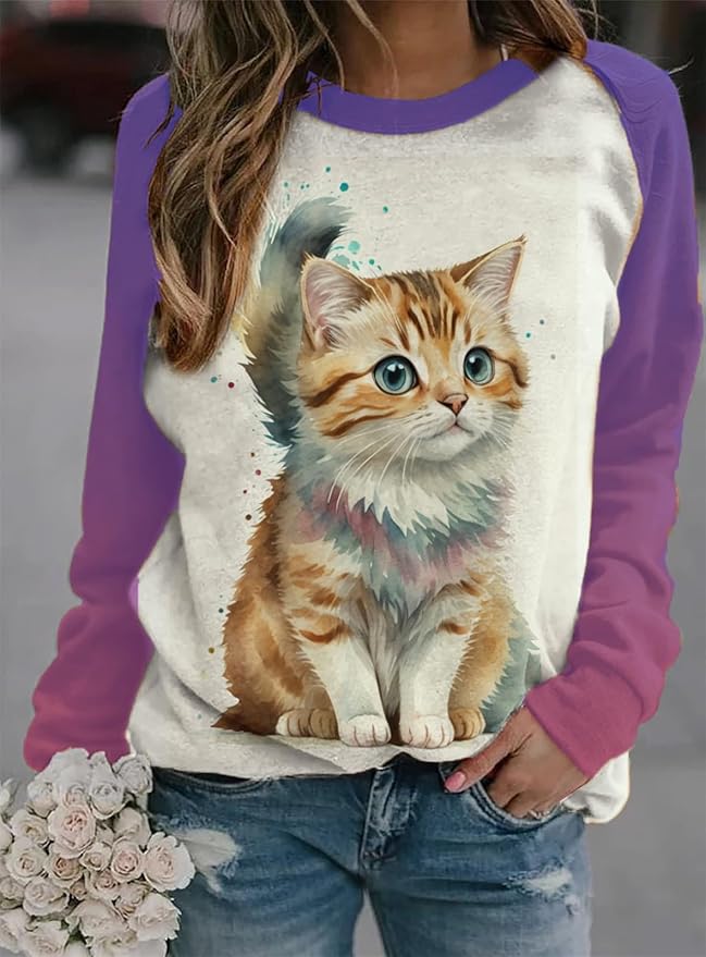 IVERIRMIN Womens 3D Cat Crewneck Sweatshirts Casual Cute Long Sleeve Shirts Pullover Tops Graphic Loose Fit Sweater for Women