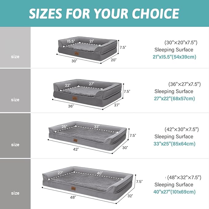 Orthopedic Dog Bed for Large Dog, XL Pet Couch for Extra Large Dog, Big Supportive Foam Bolster Sofa with Waterproof Lining Cover, Anti-Slip, Comfort, Washable, 42x30x7.5 in, U-Shaped, Grey