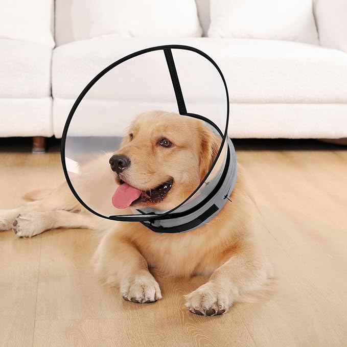 Sponge Core Dog Cone, Inflatable Dog Cone Collar Alternative, Dogs Donut Collar After Surgery, Soft Cone for Large Medium Small Dogs to Stop Licking, No Inflation Required, Clear View(Size 3, Gray)