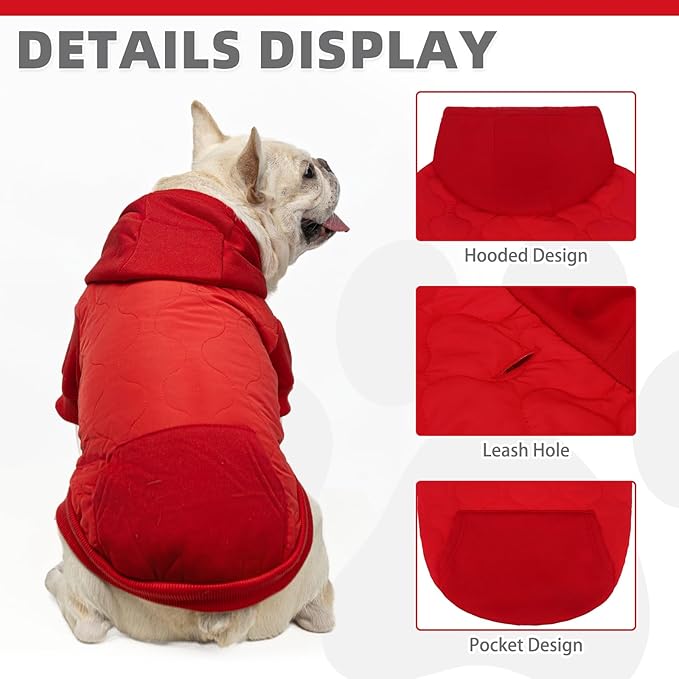 KOOLTAIL Warm Dog Winter Coat for Small Dogs, Waterproof Puppy Jacket with Leash Hole,Cold Weather Pet Vest for Winter, Soft Hoodie Sweater Sweatshirt Clothes Outfit for Puppy Cats Girls Boys Red M