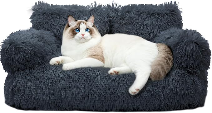 Cat Bed for Indoor Cats, Washable Pet Couch Furniture, Puppy Sleeping Nest Dog Sofa Bed for Medium Cat & Small Dogs, Plush Dark Gray, 26" Lx18 Wx12 Th (for 20lbs Cats)