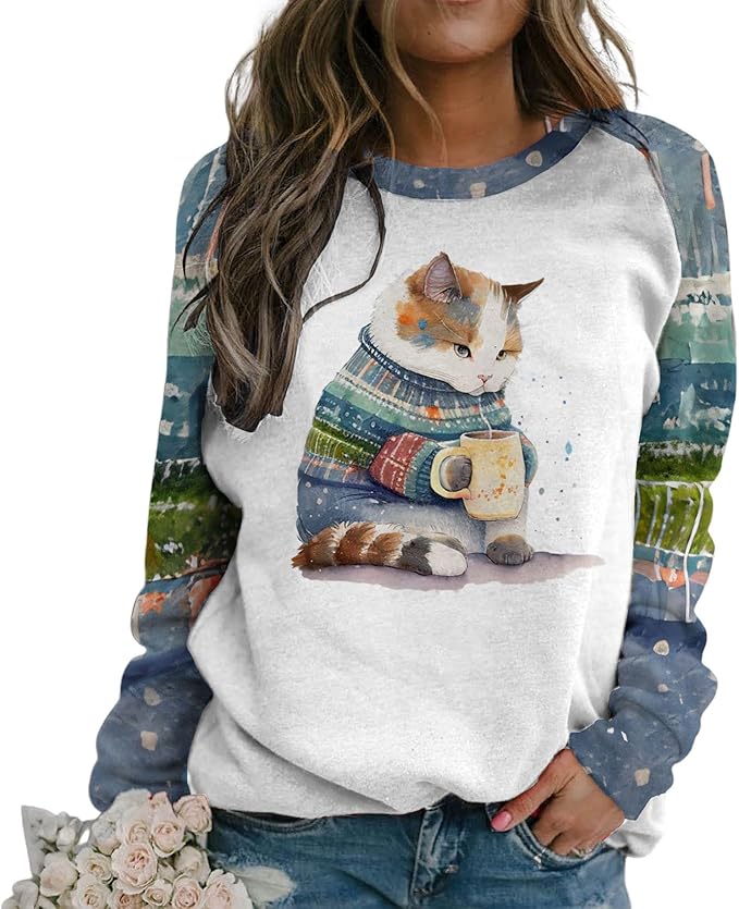 IVERIRMIN Womens 3D Cat Crewneck Sweatshirts Casual Cute Long Sleeve Shirts Pullover Tops Graphic Loose Fit Sweater for Women