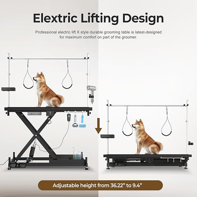 50" Electric Dog Grooming Table 9"- 37" Height Adjustable Heavy Duty Professional Lift Dog Grooming Table for Large Dogs with 2 Nooses, 4in1 Comb & Nail Care Set, Blow Dryer Clip Black