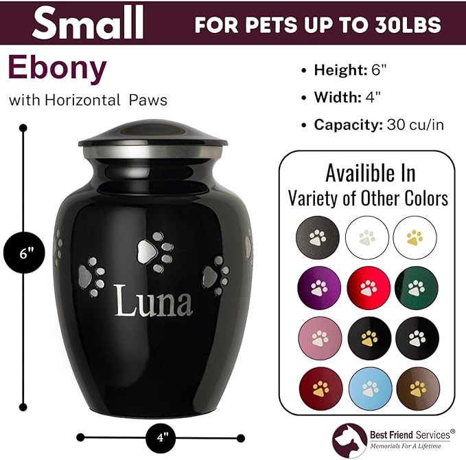 Pet Urn for Dogs and Cats with Personalized Laser Engraving, Ottillie Paws Premier Series Memorial Urns (Small Ebony with Horizontal Pewter Paws)
