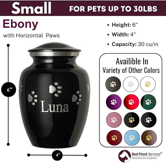 Pet Urn for Dogs and Cats with Personalized Laser Engraving, Ottillie Paws Premier Series Memorial Urns (Small Ebony with Horizontal Pewter Paws)