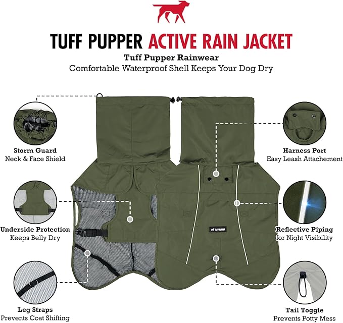 Tuff Pupper Waterproof Dog Raincoat | Full-Body Windproof Rain Jacket for Dogs | Reflective Strips | Breathable Mesh Lining | Adjustable Fit | Leash Port | Small Medium Large XL XXL Dogs (Olive, XXL)