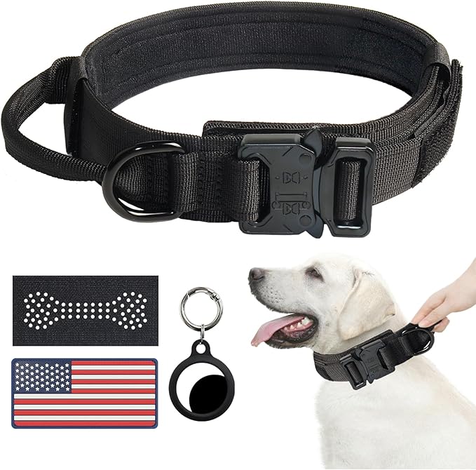 Hotsky Tactical Dog Collar, Adjustable Military Training Nylon Airtag Collar with Handle and Heavy Duty Metal Buckle for Medium Large Dogs, with Airtag Holder and Two Patches（Black,M）