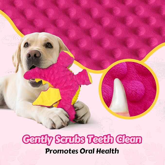 Squeaky Dog Toys - Soft Plush Dragon Dog Toy with 5 Squeakers & Crinkle Paper, Dog Toys for Small, Medium and Large Dogs (Pink,10")