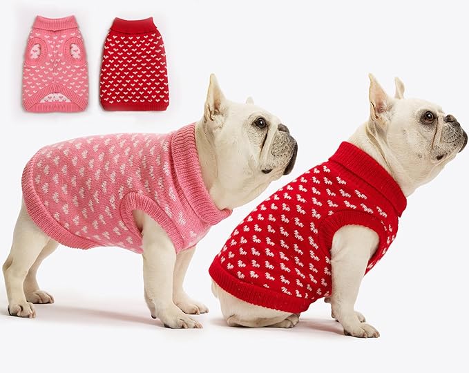 2 Pack Dog Sweater Winter Warm Clothes - Heart Soft Puppy Medium Thickening Turtleneck Sweatshirt for Chihuahua, Bulldog, Dachshund, Pug, Yorkie (M, Pink, Red)