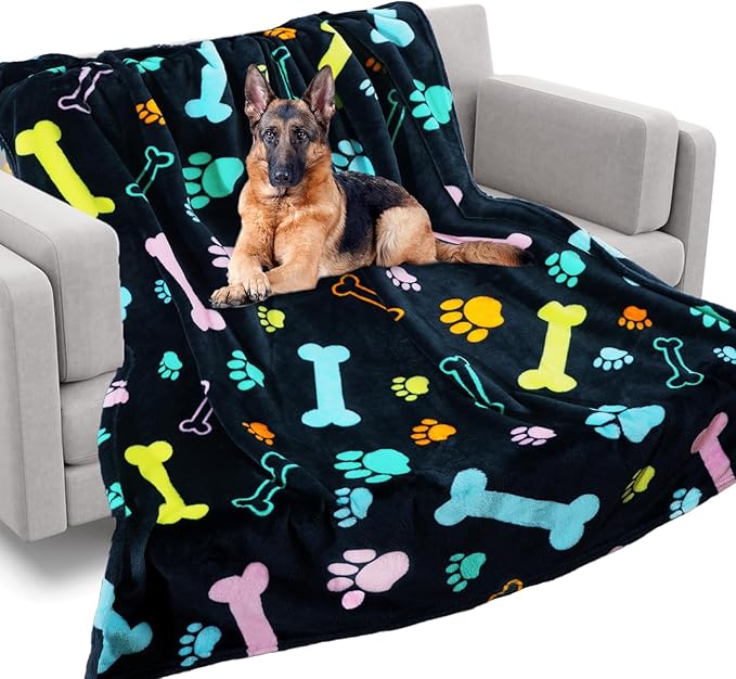 Rezutan Blanket for Large Dogs, Cat Flannel Washable Soft Pet Mat Throw Cover for Kennels-Beds, Sofas, Furniture Protection, Cute Paw Pattern, Black, 80x60 Inch