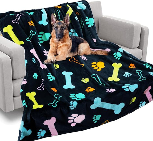 Rezutan Blanket for Large Dogs, Cat Flannel Washable Soft Pet Mat Throw Cover for Kennels-Beds, Sofas, Furniture Protection, Cute Paw Pattern, Black, 80x60 Inch
