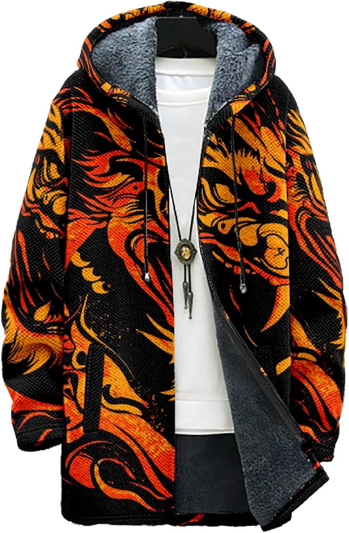 MARSVOVO Cool Hippie Long Cardigan Hoodies for Men Zipper Fleece Lined Knit Coat Skull Animal Print Graphic Jackets