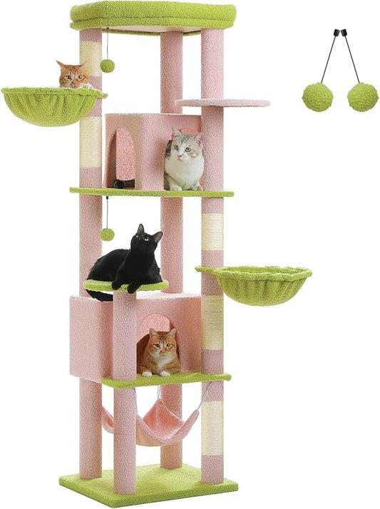 Tall Pink Cat Tree for Indoor Cats Large Adult, 71.2" Multi-Level Cat Tower with 2 Spacious Condos, 3 Hammocks, Super Large Top Perch, 2 Pompoms