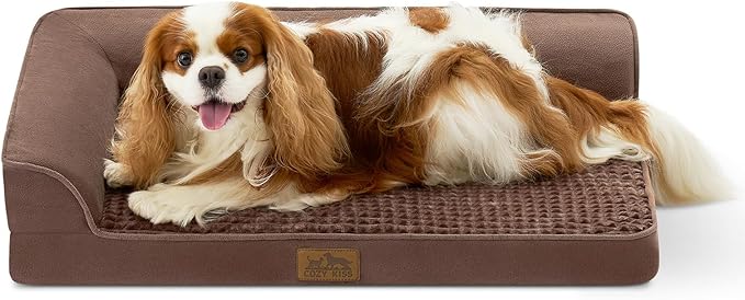 Orthopedic Dog Bed for Medium Small Size Dog, Faux Fur Pet Sofa, Foam Bolster Couch with Waterproof Lining Cover, Anti-Slip, Washable, L-Shaped, M 30x20x6.5 inch, Brown