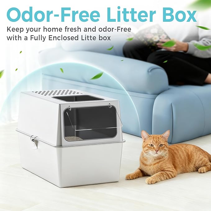 Petinstinct Extra Large Enclosed Stainless Steel Litter Box with Lid, 23.6"x17.7"x15.7" High Sided Metal Cat Litter Box for Indoor Cats, Covered Dog Proof Kitty Litter Pan, Odor Free, Non Sticky, XL