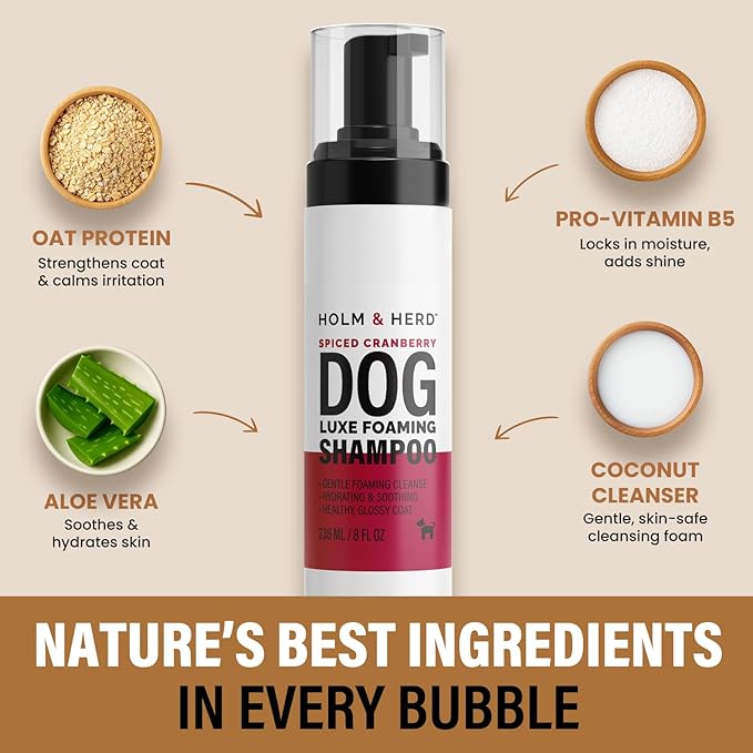 Luxe Foaming Dog Shampoo – Gentle, Moisturizing Pet Wash for Dry & Sensitive Skin – Skin Soothing, Odor Control, Shiny Healthy Coat – 8 fl oz (Cranberry Spice)