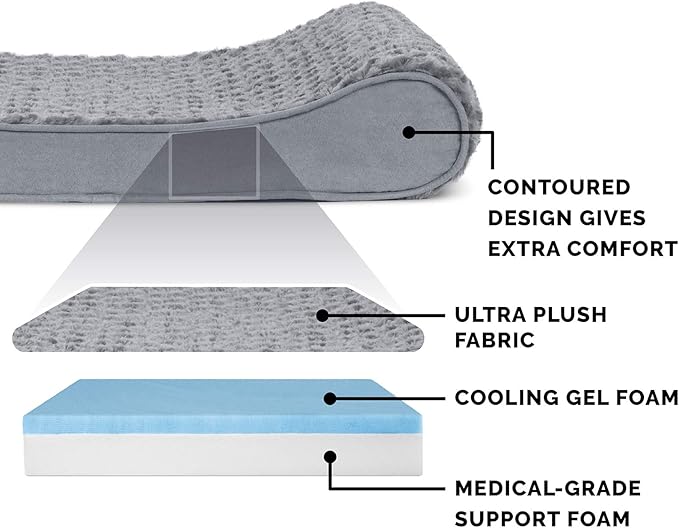 Furhaven Cooling Gel Dog Bed for Large/Medium Dogs w/ Removable Washable Cover, For Dogs Up to 38 lbs - Ultra Plush Faux Fur & Suede Luxe Lounger Contour Mattress - Gray, Large