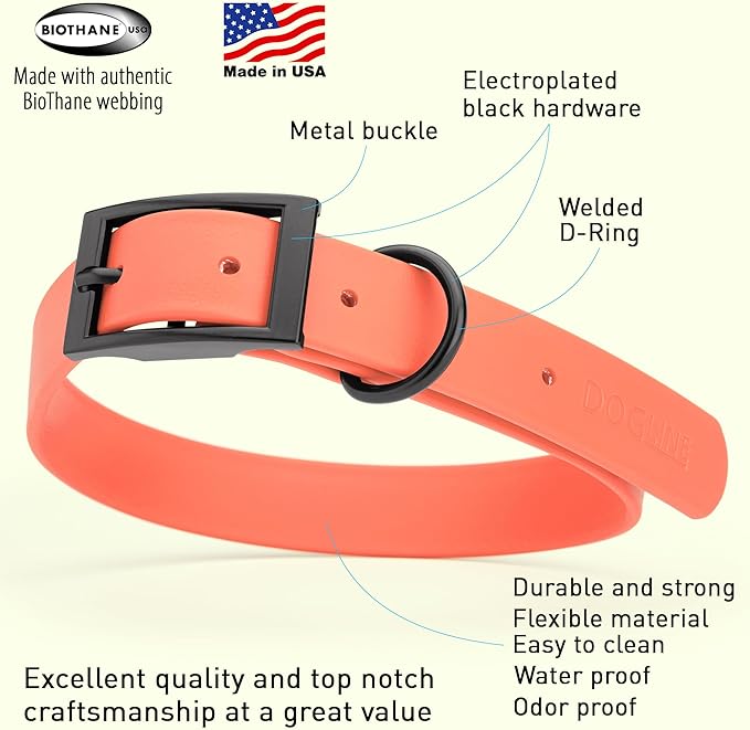 Dogline Biothane Coated Webbing Dog Collar with Black Metal Hardware: Durable Easy-Clean Everyday Collar for Dogs - Comfortable Adjustable Odor-Resistant Pet Collar, W1 x L22-25", Coral