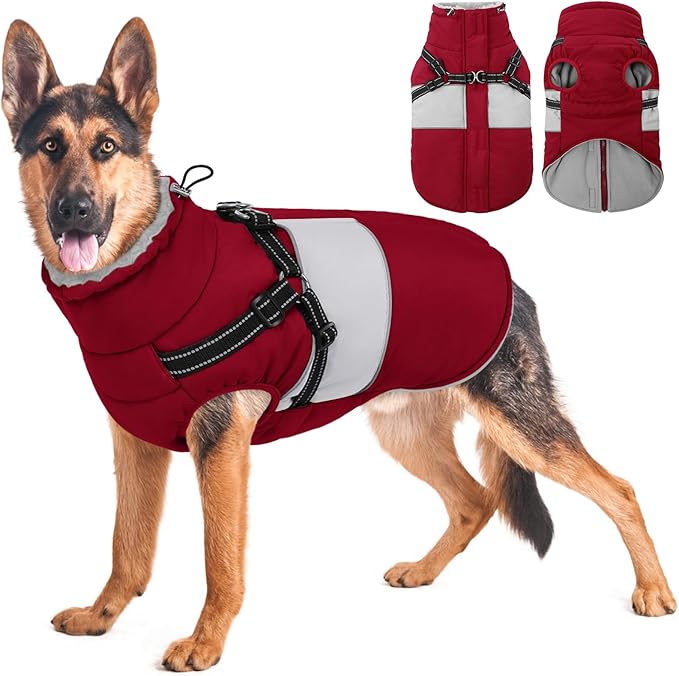KOESON Dog Coat, Windproof Dog Winter Coat with Harness Built in for Extra Large Dogs, Waterproof Reflective Pet Snow Jacket with Warm Fleece Lining for German Shepherd, Labrador Retriever