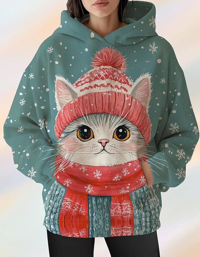 Womens Cat Print Hoodies Trendy Funny Cat Graphic Long Sleeve Sweatshirt Y2k Streetwear Hooded Pullover Tops