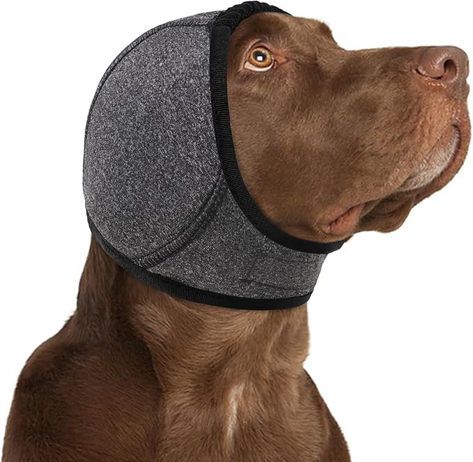 KOESON Dog Calming Hoodie - No Shake Ear Wraps for Dogs, Anxiety Relief & Noise Protection, Water Resistant Pet Ear Cover Muffs for Firework, Grooming, Thunderstorms, Swimming, Bathing, Grey S
