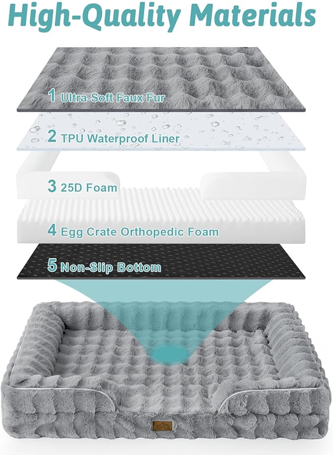 Orthopedic Dog Bed for Large Size Dog, Faux Fur Extra Large Pet Sofa, Foam Bolster Couch with Waterproof Lining Cover, Anti-Slip, Soft, Warm, Washable, C-Shaped, XL 44x32x7 inch, Grey
